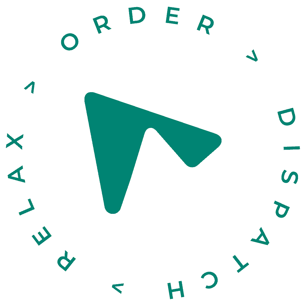 Circular Shadowfax logo with arrow icon and words 'Order, Dispatch, Relax'