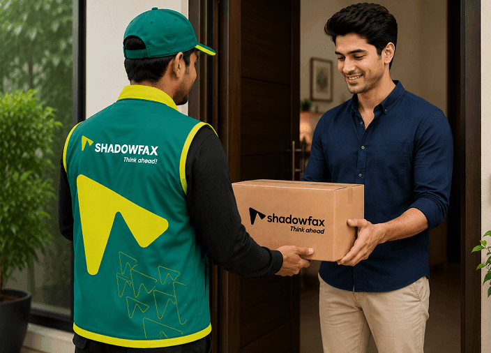 Shadowfax delivery personnel handing over a package at the doorstep