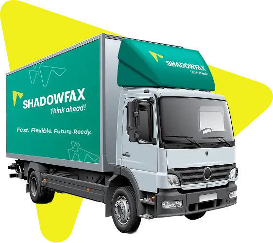 Shadowfax branded green logistics truck with slogan “Fast. Flexible. Future-Ready.”