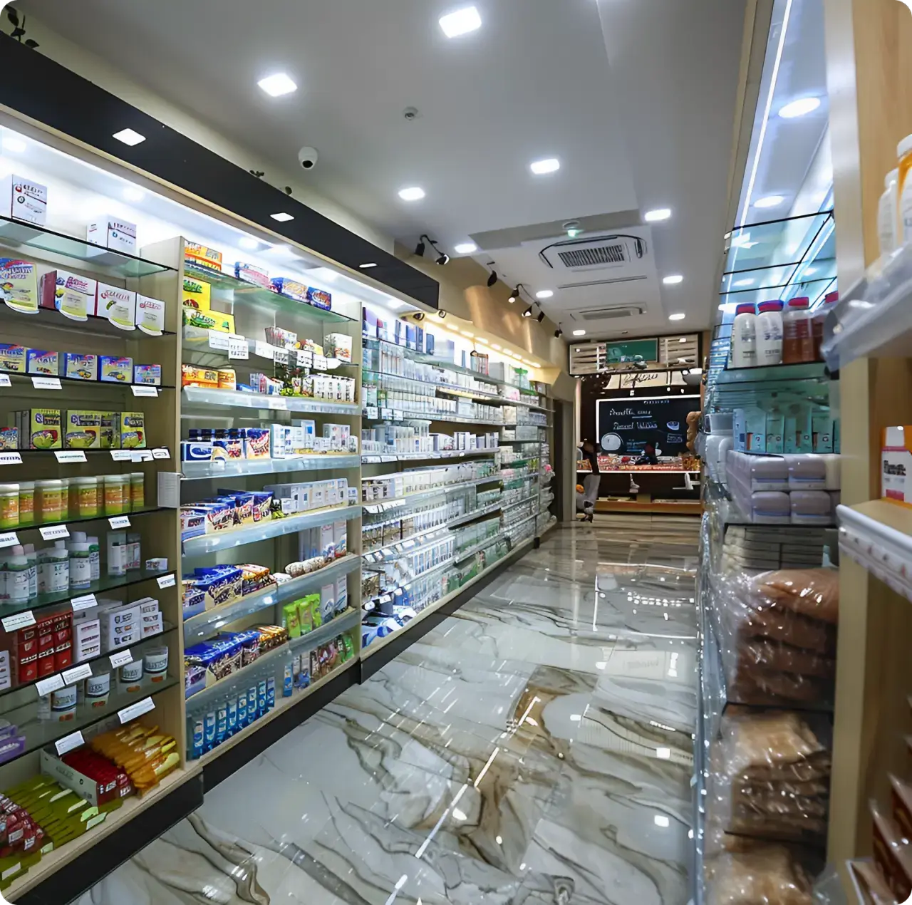 Well-lit pharmacy store interior with shelves stocked with medicines and health products.